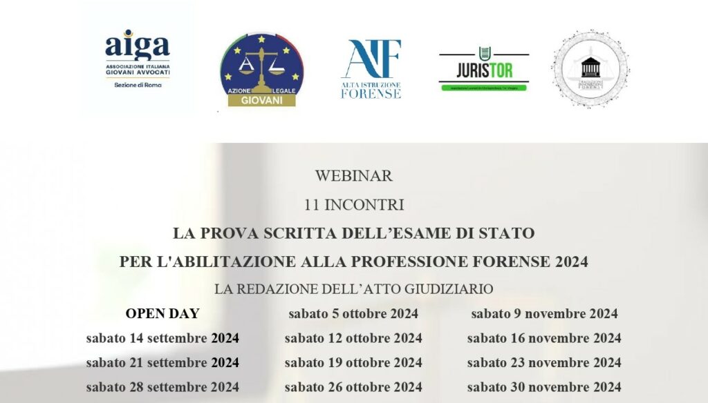 1 open day + 10 simulazioni della prova scritta dell’esame di avvocato: la redazione dell'atto giudiziario in diritto civile, diritto penale e diritto amministrativo.